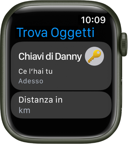 L’app Trova Oggetti che mostra che sei in possesso dell’AirTag attaccato a un paio di chiavi. Sotto è visibile un pulsante della distanza in miglia.