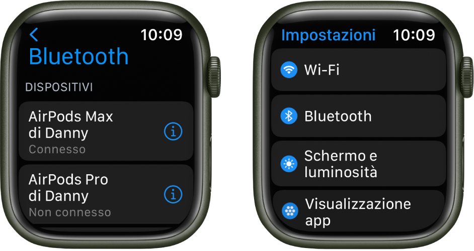 Due schermi affiancati. A sinistra si trova una schermata che elenca due dispositivi Bluetooth disponibili: AirPods Max connesse e AirPods Pro non connesse. Sulla destra, nella schermata Impostazioni, sono visibili i pulsanti Wi-Fi, Bluetooth, “Schermo e luminosità” e “Visualizzazione app”, disposti in un elenco.