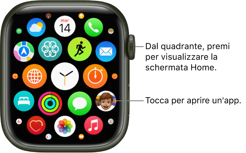 Schermata Home in vista griglia su Apple Watch, con le app raggruppate. Tocca un’app per aprirla. Scorri per visualizzare altre app.