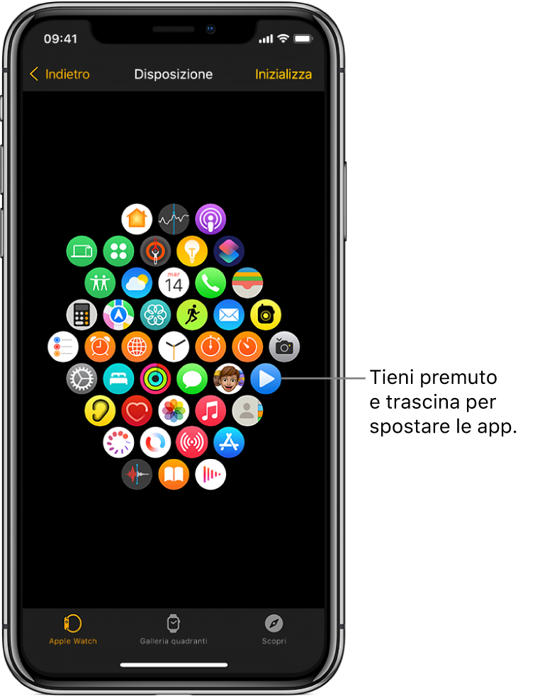 Una schermata Disposizione nell’app Watch che mostra una griglia di icone.