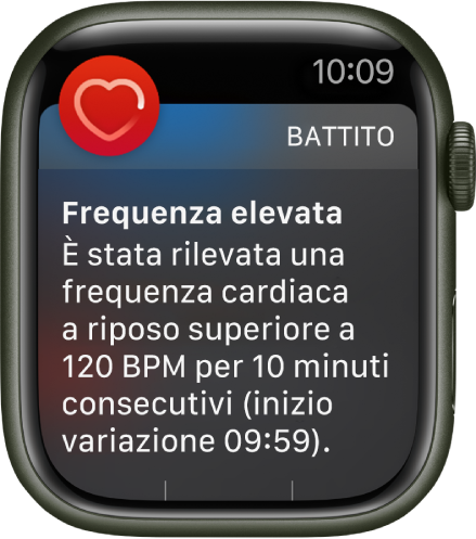 La schermata “Frequenza cardiaca elevata” che mostra una notifica perché il battito cardiaco ha superato i 120 bpm durante un periodo di inattività di 10 minuti.