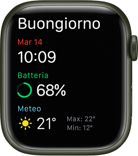 Apple Watch che mostra la schermata di risveglio. Viene mostrato il messaggio Buongiorno in alto. Sotto, sono visibili la data, l'orario, la percentuale di batteria e le condizioni meteo.