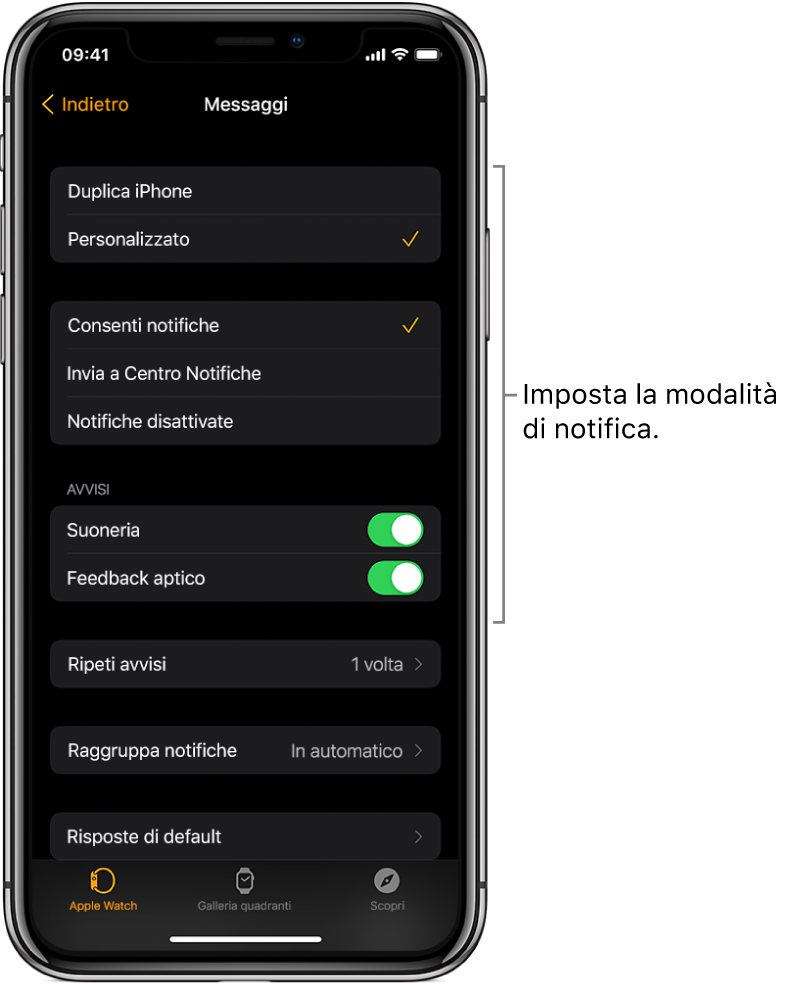 Impostazioni di Messaggi nell’app Watch su iPhone. Puoi scegliere se mostrare gli avvisi, attivare il suono e il feedback aptico e ripetere gli avvisi.