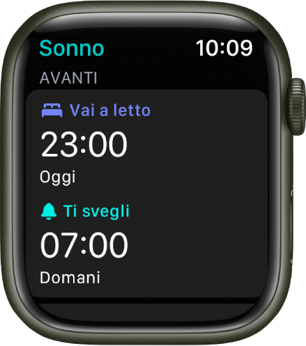 L'app Sonno su Apple Watch mostrante gli orari prestabiliti per coricarsi. L'ora di coricarsi viene visualizzata in alto e l'orario della sveglia si trova al di sotto.