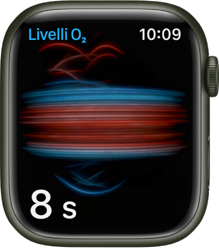 Schermata dell'app Livelli O₂ mentre viene presa una misurazione con conto alla rovescia a partire da 8 secondi.