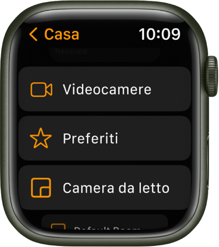 L’app Casa che mostra un elenco che contiene pulsanti per Videocamere, Preferiti e stanze.