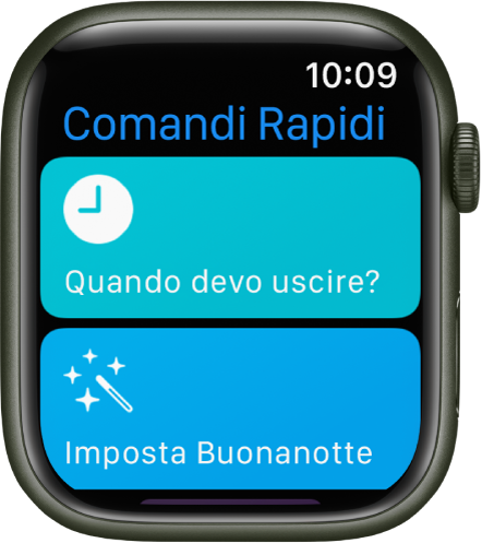 L’app Comandi Rapidi su Apple Watch che mostra due comandi rapidi: “Quando devo partire” e “Imposta la buonanotte”.