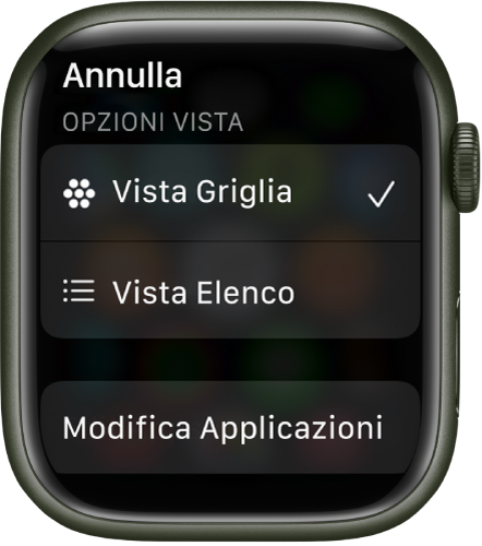 La schermata “Opzioni vista” che mostra i pulsanti “Vista griglia” e “Vista elenco”. In basso a sinistra sullo schermo è presente il pulsante “Modifica app”.