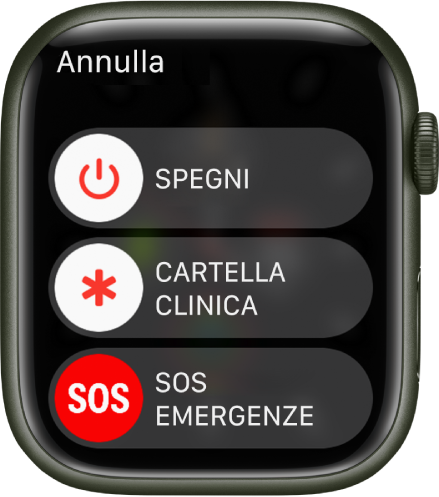Lo schermo di Apple Watch che mostra tre cursori: Spegni, “Cartella clinica” e “SOS emergenze”. Trascina il cursore Spegni per spegnere Apple Watch.