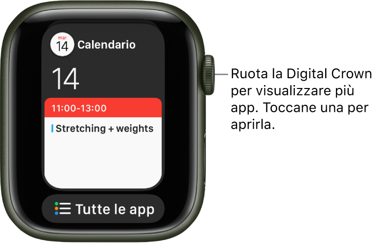 Il Dock che mostra l’app Calendario con sotto un pulsante “Tutte le app”. Ruota la Digital Crown per visualizzare altre app. Toccane una per aprirla.