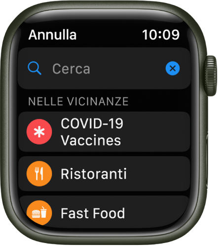 La schermata Cerca dell'app Mapoe che mostra il campo di ricerca vicino alla parte superiore. Sotto Vicini ci sono dei pulsanti per vaccini anti COVID-19, ristoranti e fast food.
