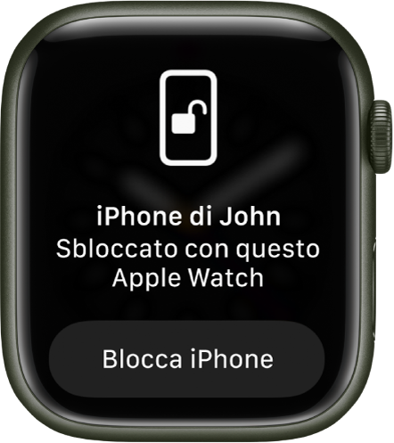 La schermata di Apple Watch che mostra le parole “iPhone di John sbloccato da Apple Watch”. Il pulsante “Blocca iPhone” si trova al di sotto.