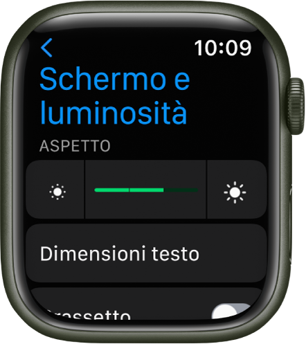 Le impostazioni “Schermo e luminosità” su Apple Watch, con l’interruttore della luminosità in alto e il pulsante “Dimensioni testo” in basso.