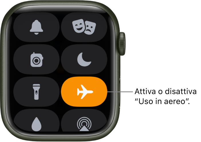 Centro di controllo con il pulsante “Uso in aereo” evidenziato per mostrare che la modalità “Uso in aereo” è attiva.