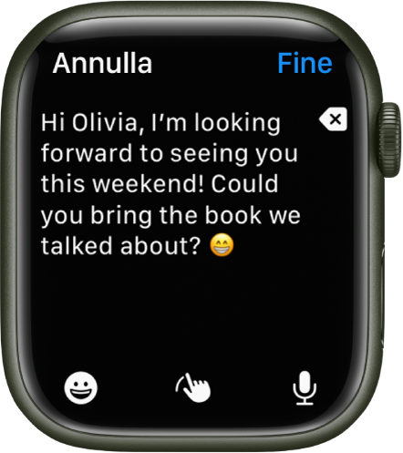 L’app Mail che mostra una schermata dove puoi scrivere un messaggio e-mail. Il corpo del testo è vicino alla parte superiore dello schermo, con un pulsante Elimina a destra. Nella parte inferiore dello schermo ci sono i pulsanti Emoji, “Scrivi a mano” e Detta. In alto a destra c’è un pulsante Fine.