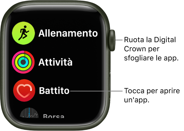 Schermata Home in vista elenco su Apple Watch, con le app disposte in elenco. Tocca un’app per aprirla. Scorri per visualizzare altre app.