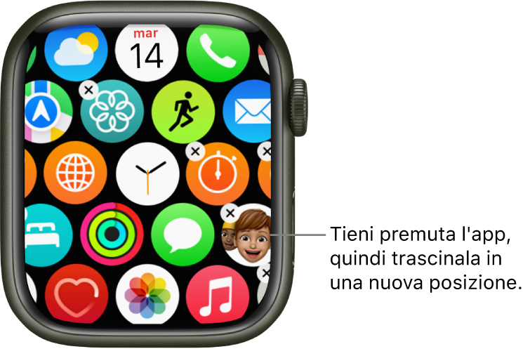 Schermata Home di Apple Watch in vista griglia.