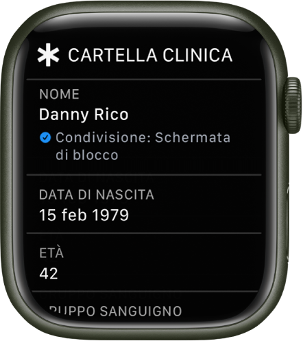 La schermata “Cartella clinica” che mostra il nome dell'utente, la data di nascita e l'età.