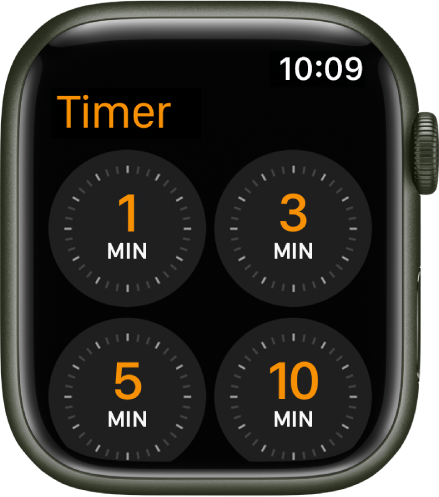 La schermata dell’app Timer, che mostra timer rapidi per 1, 3, 5 o 10 minuti.