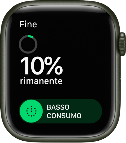 La schermata di “Basso consumo” che mostra il pulsante Fine in alto a sinistra, la percentuale di carica rimanente e il cursore “Basso consumo”.
