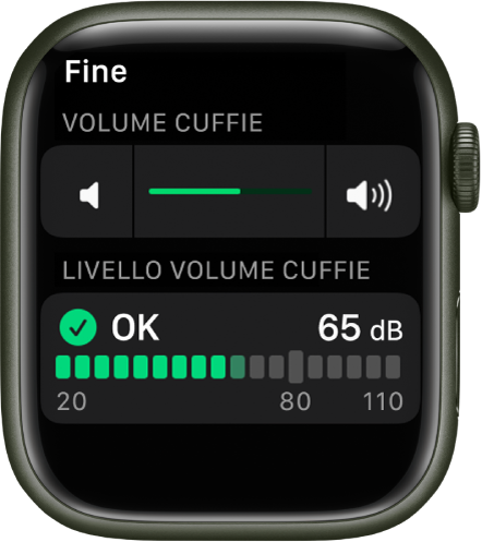 La schermata “Volume cuffie” che mostra un controllo del volume in alto e un audiometro sotto, che indica il volume attuale delle cuffie. Il livello del volume è impostato a 65 dB ed è contrassegnato come “OK.”