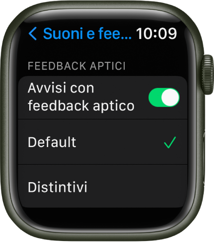 Impostazioni “Suoni e feedback aptico” su Apple Watch, con l’interruttore “Avvisi con feedback aptico” e le opzioni Default e Distintivo sotto.