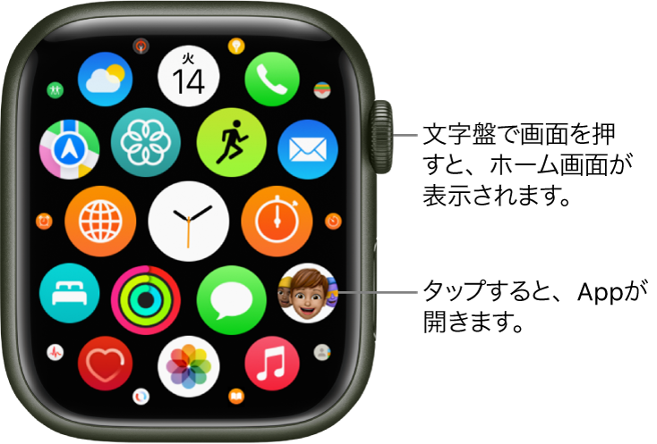 グリッド表示のApple Watchのホーム画面。Appがまとまって表示されています。いずれかのAppをタップすると、Appが開きます。ドラッグすると、ほかのAppが表示されます。