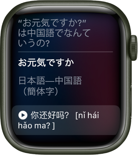 Siri画面。「中国語でお元気ですかはなんていうの」と表示されています。下に英語の訳が表示されています。
