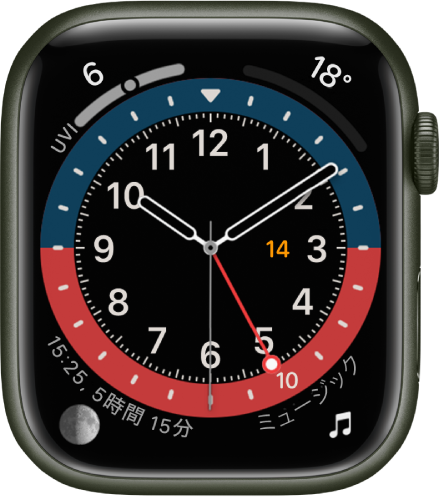 「GMT」の文字盤。文字盤のカラーを調整できます。4つのコンプリケーションが表示されています: 左上にUV指数、右上に気温、左下に月、右下にミュージックがあります。