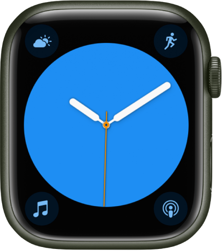 시계 페이스 색상을 조절할 수 있는 컬러 시계 페이스. 시계 페이스에 표시된 네 개의 컴플리케이션으로 왼쪽 상단에 기상 상태, 오른쪽 상단에 운동, 왼쪽 하단에 음악, 오른쪽 하단에 팟캐스트가 있음.