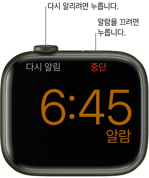 옆으로 세워진 Apple Watch에 알람이 울렸던 화면이 표시되어 있음. Digital Crown 아래에는 ‘다시 알림’이 표시되어 있음. 측면 버튼 아래에 ‘중단’이 표시되어 있음.