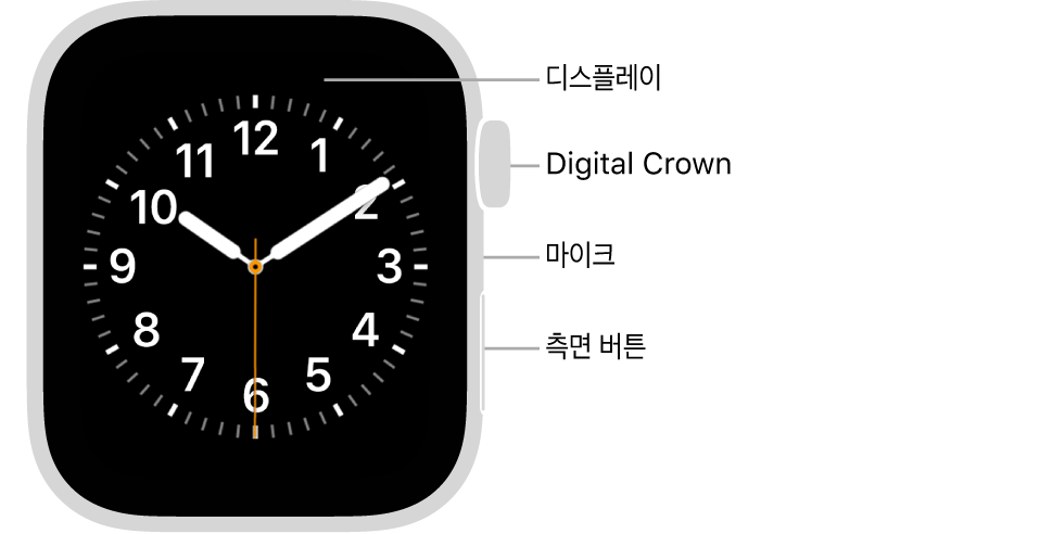 시계 페이스를 보여 주는 디스플레이와 시계 측면에 Digital Crown, 마이크 및 측면 버튼이 위에서부터 아래로 보이는 Apple Watch Series 6의 전면.