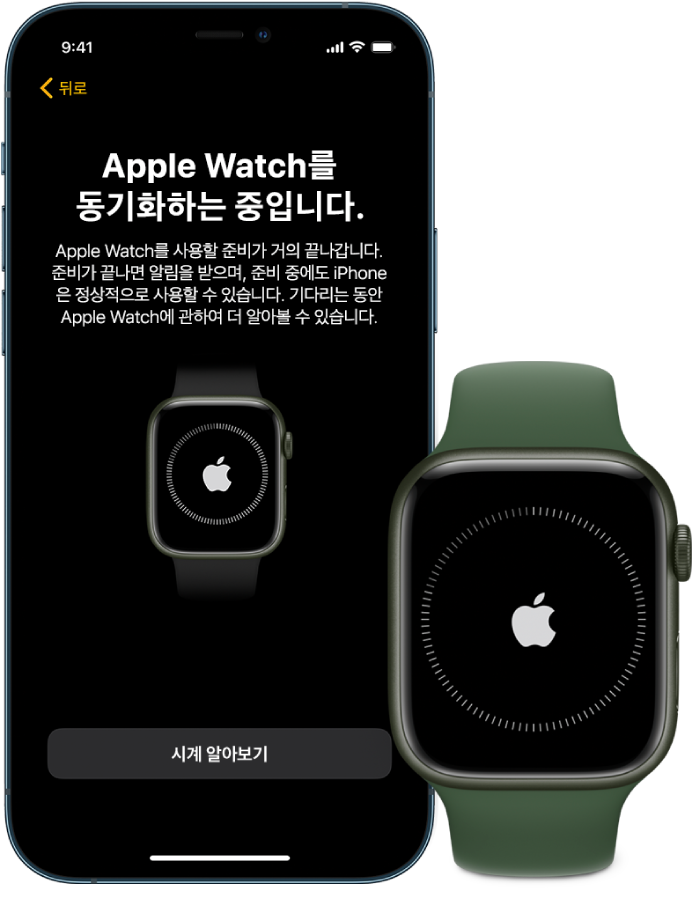 동기화 화면을 보여주는 iPhone 및 Apple Watch.