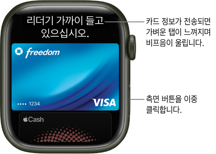 상단에 ‘결제하려면 리더기 가까이 가져갑니다’가 표시된 Apple Pay 화면. 카드 정보가 전송되면 가벼운 탭이 느껴지며 삐 소리가 들림.