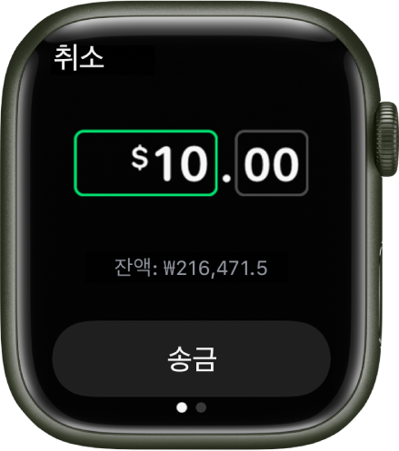 Apple Cash로 결제할 준비가 되어 있음을 표시하는 메시지 앱 화면. 달러 금액이 상단에 있음. 현재 잔액이 아래에 표시되며, 송금 버튼이 하단에 있음.