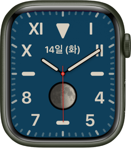 로마 숫자와 아라비아 숫자의 혼합을 보여주는 캘리포니아 시계 페이스 날짜와 문페이즈 컴플리케이션을 표시함.
