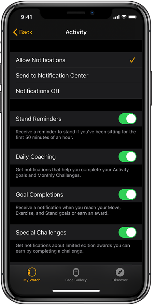 Programos „Apple Watch“ ekranas „Activity“, kuriame galite tinkinti pageidaujamus pranešimus.