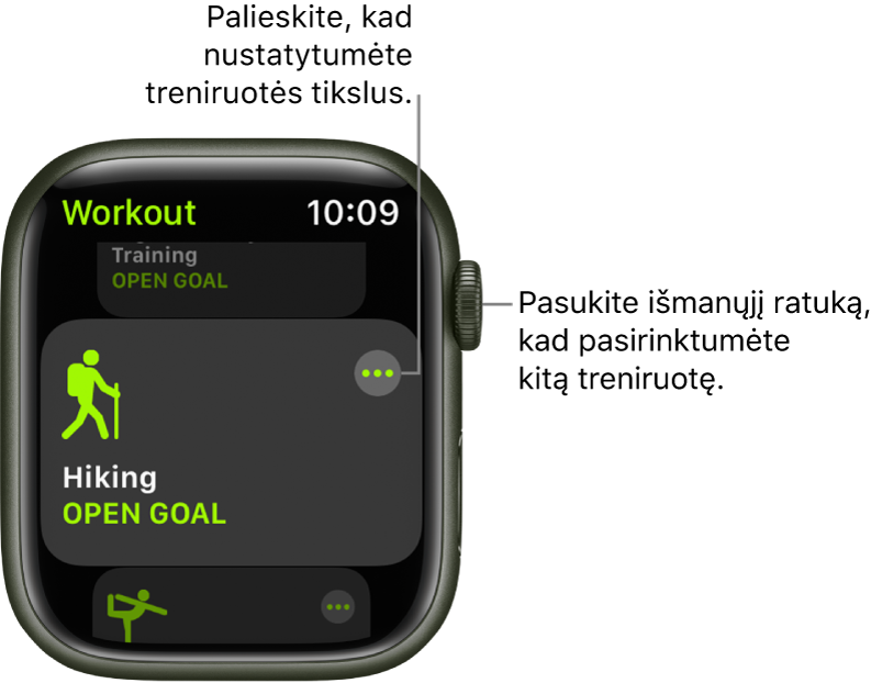 „Workout“ ekranas, kuriame pažymėta treniruotė „Hiking“. Viršuje dešinėje pateiktas mygtukas „More“. Apačioje rodoma treniruotės „Outdoor Walk“ rodinio dalis.