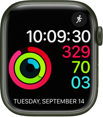 Laikrodžio ciferblatas „Activity Digital“, kuriame rodomi laikas ir „Move“, „Exercise“ bei „Stand“ tikslų siekimo rezultatai. Taip pat įtraukti du valdikliai: „Workout“ viršuje dešinėje ir „Calendar“ apačioje, rodantis dieną, mėnesį ir datą.