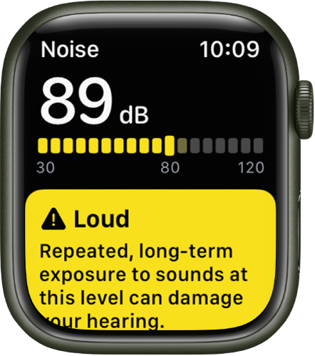 Rodomas programos „Noise“ pranešimas apie 89 decibelų garso lygį. Toliau rodomas įspėjimas dėl ilgalaikio tokio lygio triukšmo poveikio.