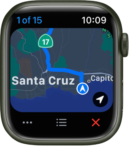Programa „Maps“, kurioje rodomas jūsų kelionės apžvalgos žemėlapis. Apačioje yra mygtukai „More“, „List“ ir „End“.