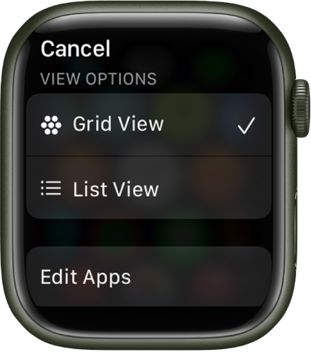 Ekrane „View Options“ parodyti mygtukai „Grid View“ ir „List View“. Ekrano apačioje rodomas mygtukas „Edit Apps“.