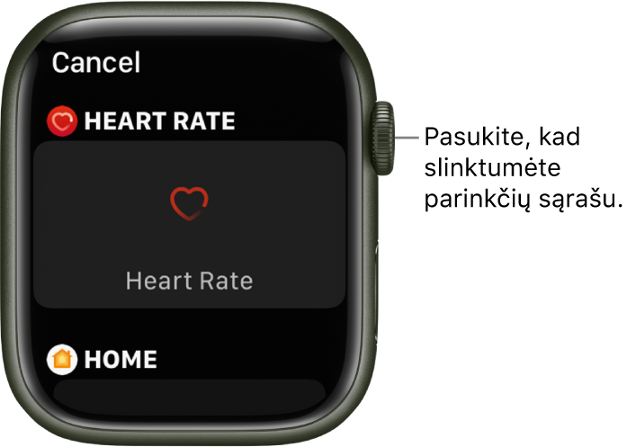 Laikrodžio ciferblato tinkinimo ekranas su pažymėtu valdikliu „Heart Rate“. Pasukite „Digital Crown“, kad galėtumėte naršyti valdiklius.