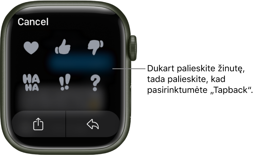 „Messages“ pokalbis ir „Tapback“ parinktys: širdis, iškeltas nykštys, nuleistas nykštys, „Ha Ha“, „!!“ ir „?“. Atsakymo mygtukas yra žemiau.
