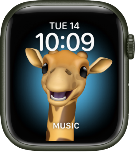 „Memoji“ laikrodžio ciferblatas, kuriame galite koreguoti „Memoji“ veikėją ir apatinį valdiklį. Norėdami animuoti „Memoji“, palieskite ekraną. Laikas ir data rodomi viršuje, o valdiklis „Music“ yra apačioje.