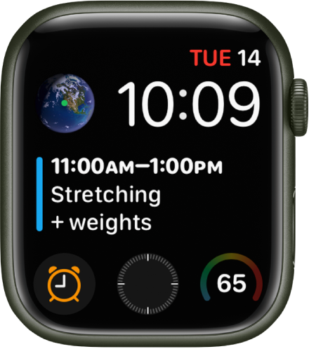 Laikrodžio ciferblatas „Infograph Modular“, kurio viršuje kairėje rodomi keli valdikliai ir Žemės valdiklis, „Calendar Schedule“ valdiklis apima ciferblato vidurinę dalį, o trys antrinių ciferblatų valdikliai rodomi palei apačią: „Alarms“, „Compass“ ir „Weather Temperature“.