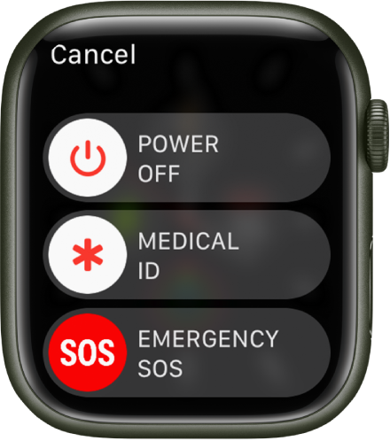 „Apple Watch“ ekranas, kuriame rodomi trys slankikliai: „Power Off“, „Medical ID“ ir „Emergency SOS“. Vilkite slankiklį „Power Off“, kad išjungtumėte „Apple Watch“.
