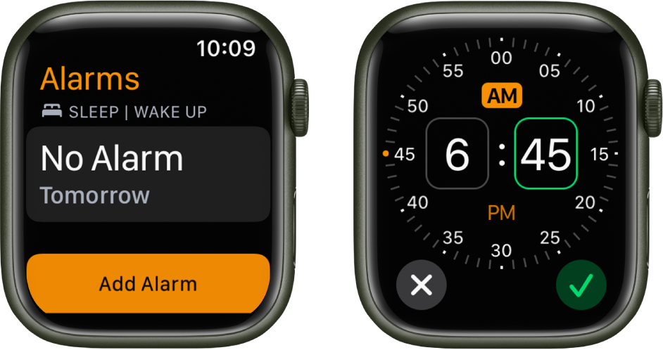 Du laikrodžio ekranai, kuriuose rodomas žadintuvo įtraukimo procesas: palieskite „Add Alarm“, palieskite AM arba PM, pasukite „Digital Crown“, kad koreguokite laiką, tada palieskite „Set“.