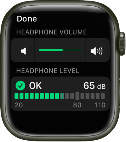 Ekranas „Headphone Volume“, kurio viršuje – garsumo valdiklis, o žemiau – matuoklis, kuriame rodomas dabartinis ausinių garsumas. Garso lygis – 65 dB, pažymėtas „OK“.
