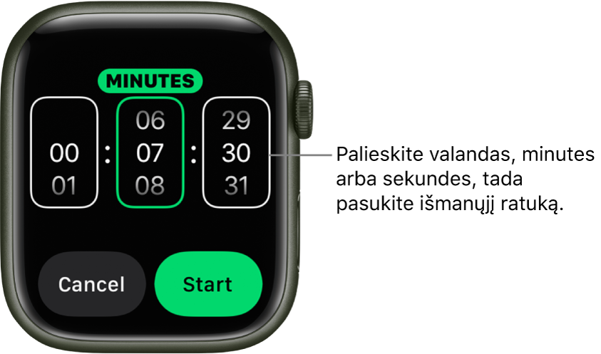 Pasirinktinio laikmačio kūrimo nustatymai: kairėje rodomos valandos, viduryje – minutės, o dešinėje – sekundės. Toliau rodomi „Start“ ir „Cancel“ mygtukai.